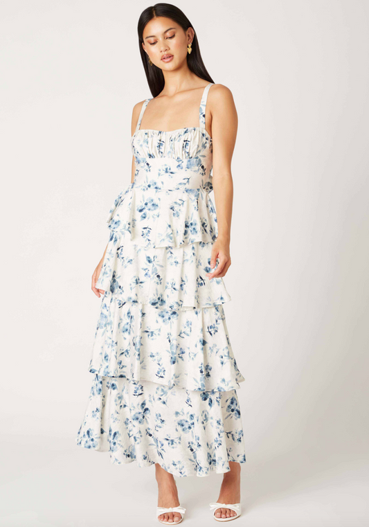 Ivory & Navy Floral Tiered Dress