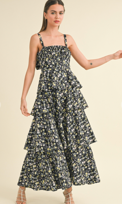 Melissa Floral Tiered Maxi Dress Black