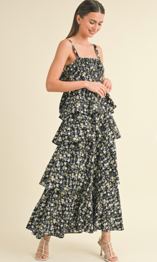 Melissa Floral Tiered Maxi Dress Black