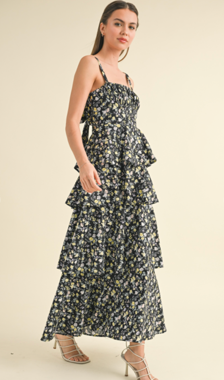 Melissa Floral Tiered Maxi Dress Black