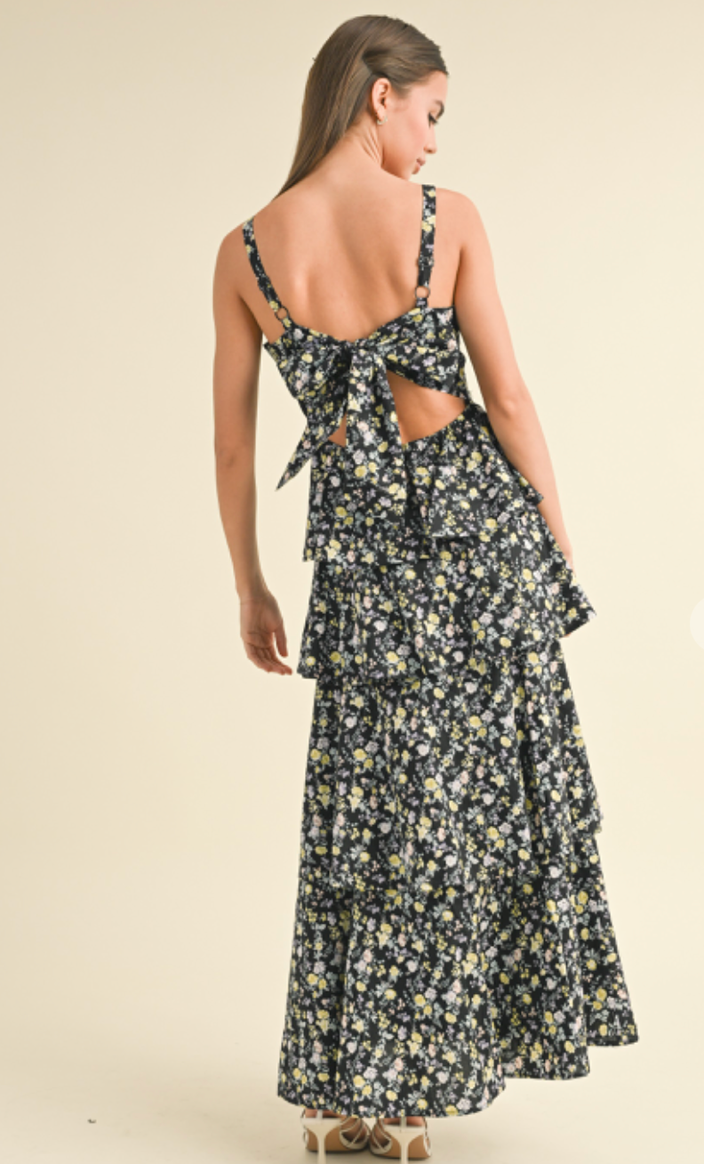 Melissa Floral Tiered Maxi Dress Black