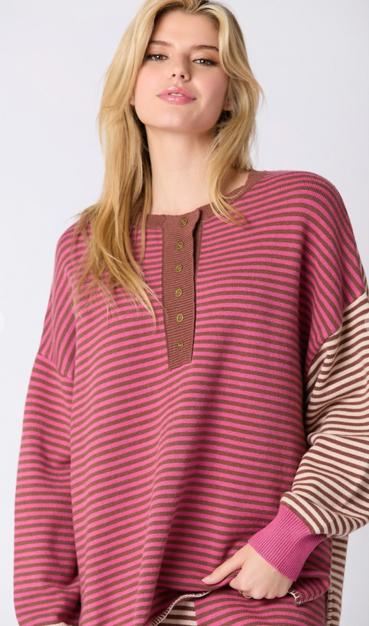 Pink/Mocha Stripe Crewneck