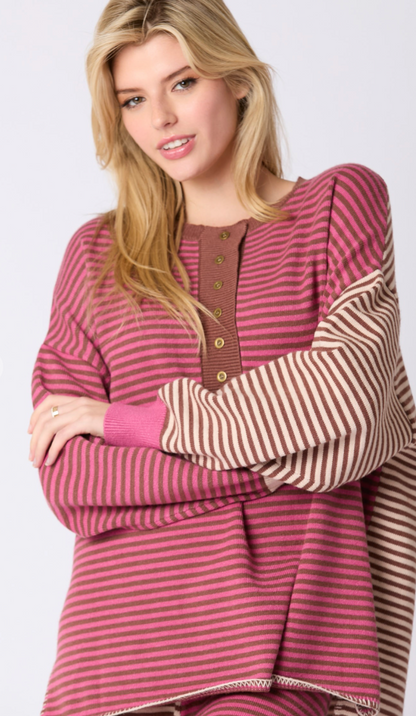 Pink/Mocha Stripe Crewneck