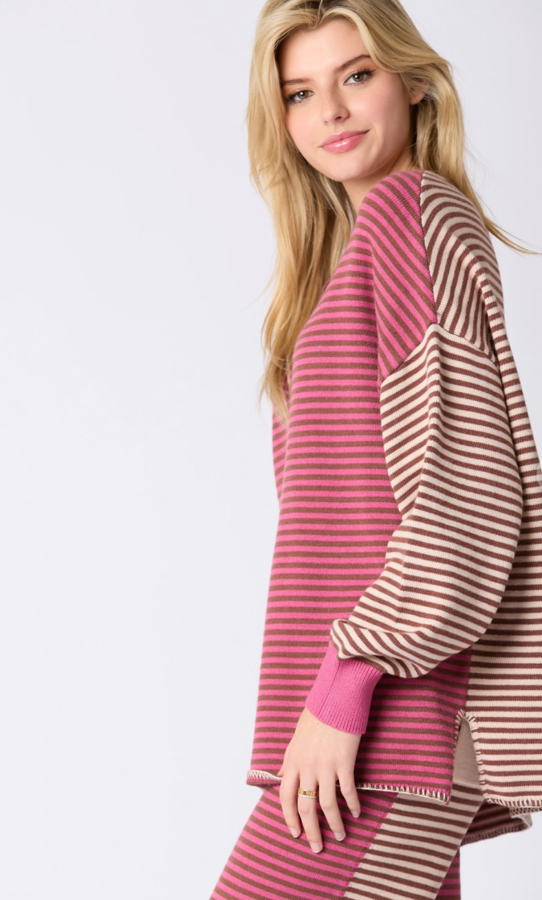 Pink/Mocha Stripe Crewneck