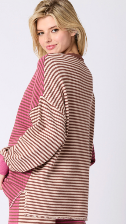 Pink/Mocha Stripe Crewneck