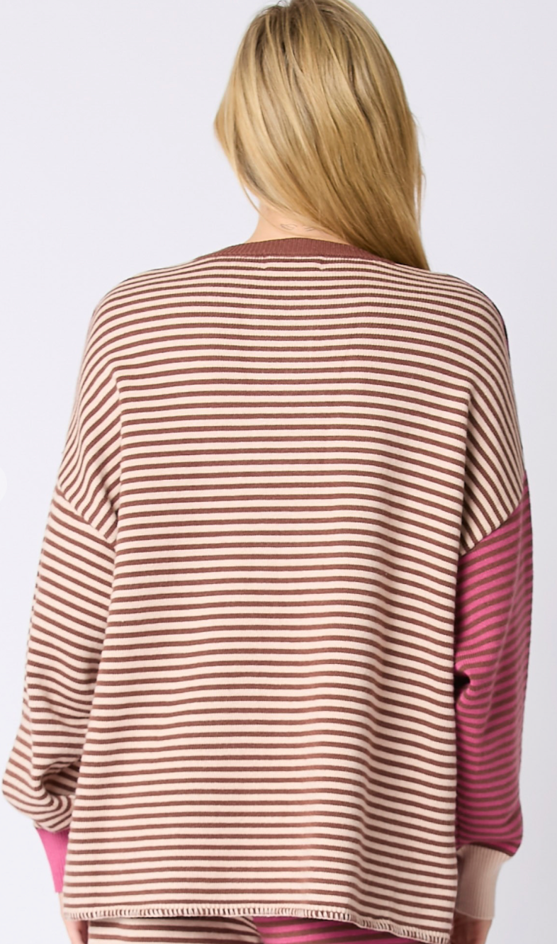 Pink/Mocha Stripe Crewneck