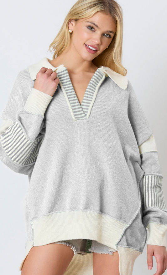 Contrast Collar Pullover Grey