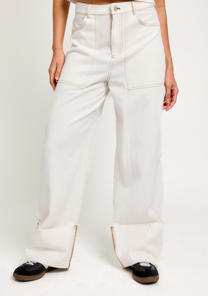 High Waist Cuff Jeans White Wash