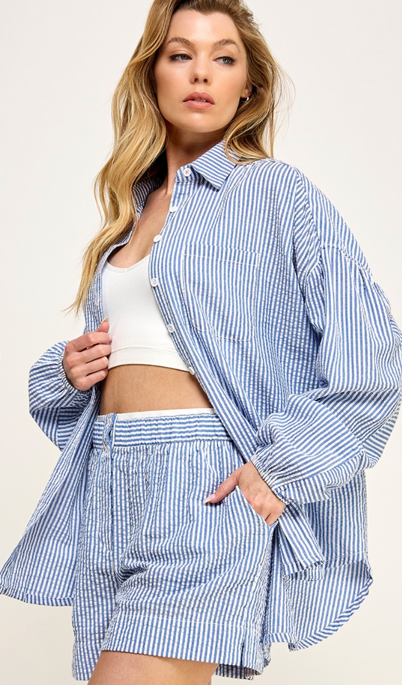 Blue Seersucker Shirt & Shorts Set of 2