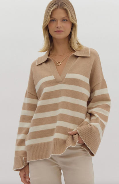 Collared Stripe Sweater Taupe