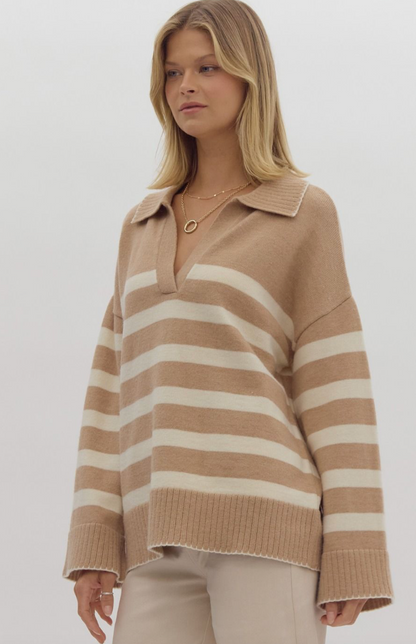 Collared Stripe Sweater Taupe