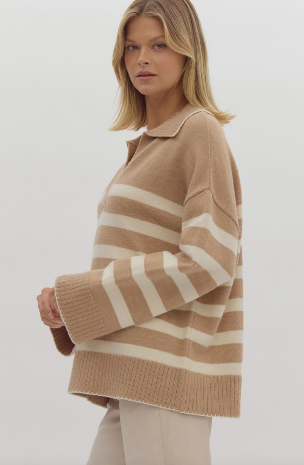 Collared Stripe Sweater Taupe