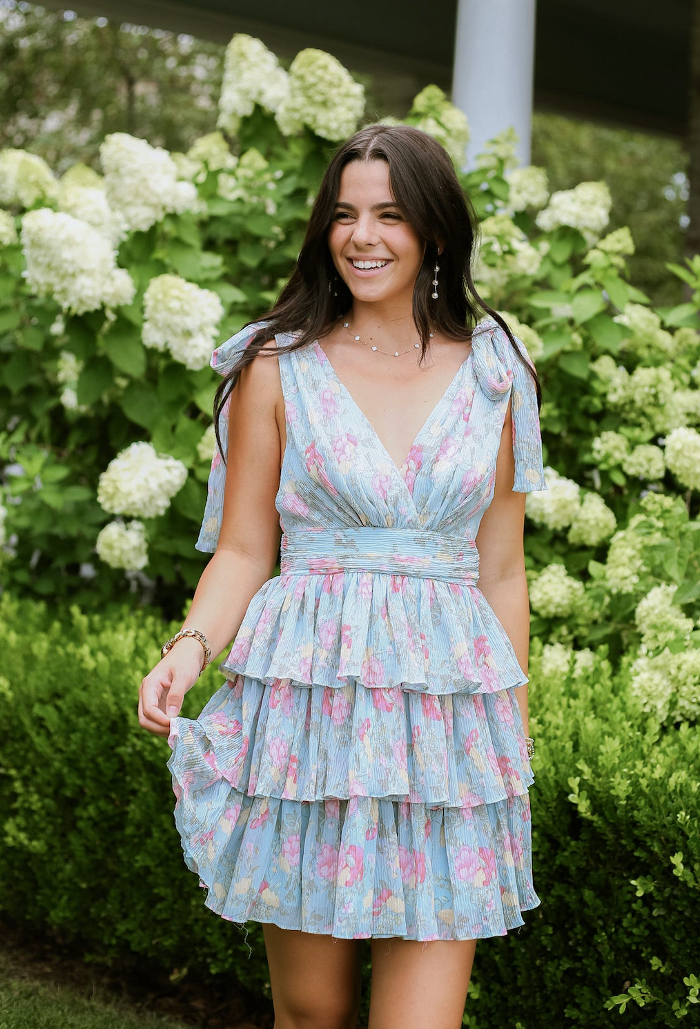 Floral Lurex Pleated Dress Blue