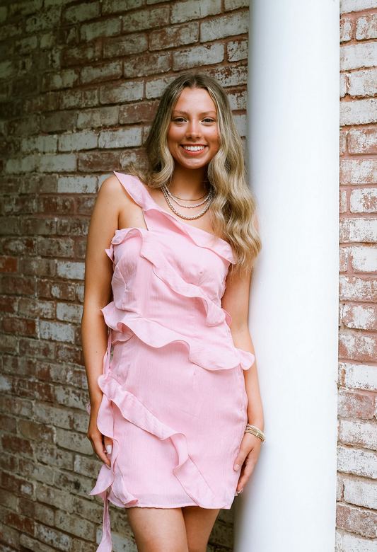 Rose Pink Flutter Ruffle Dress