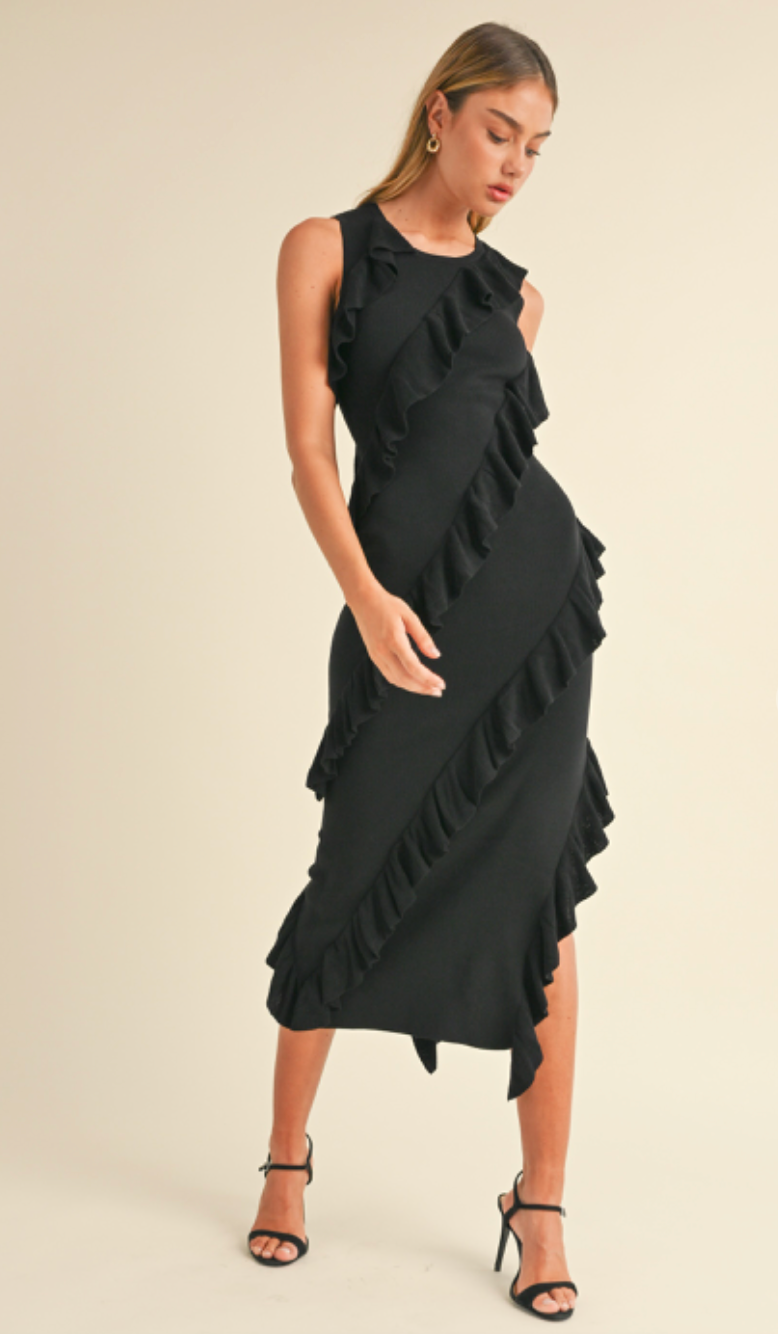 Asymmetrical Ruffle Midi Dress