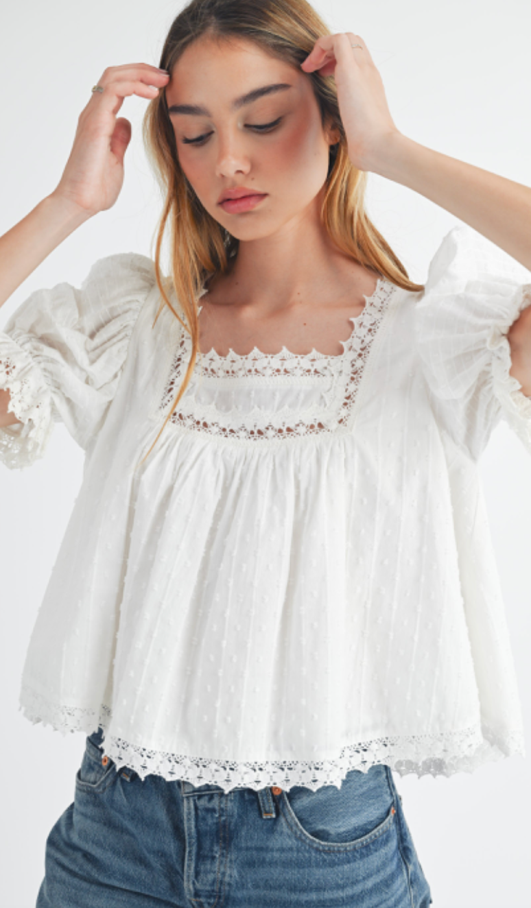 Puff Sleeve Lace Trim Top