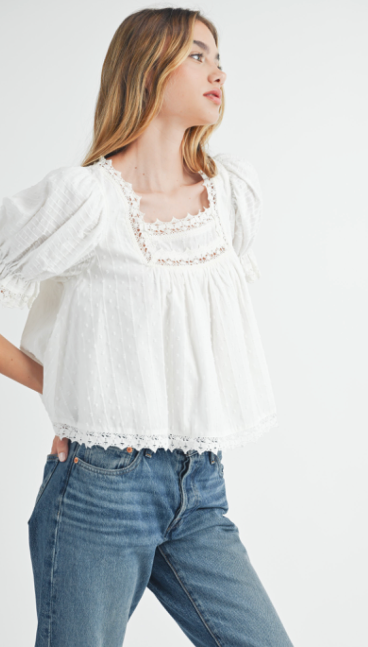 Puff Sleeve Lace Trim Top