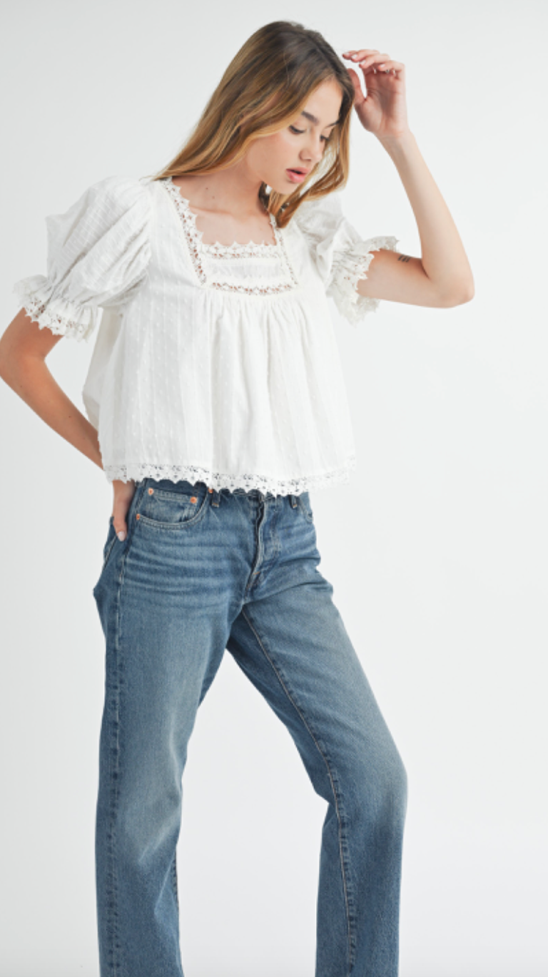 Puff Sleeve Lace Trim Top