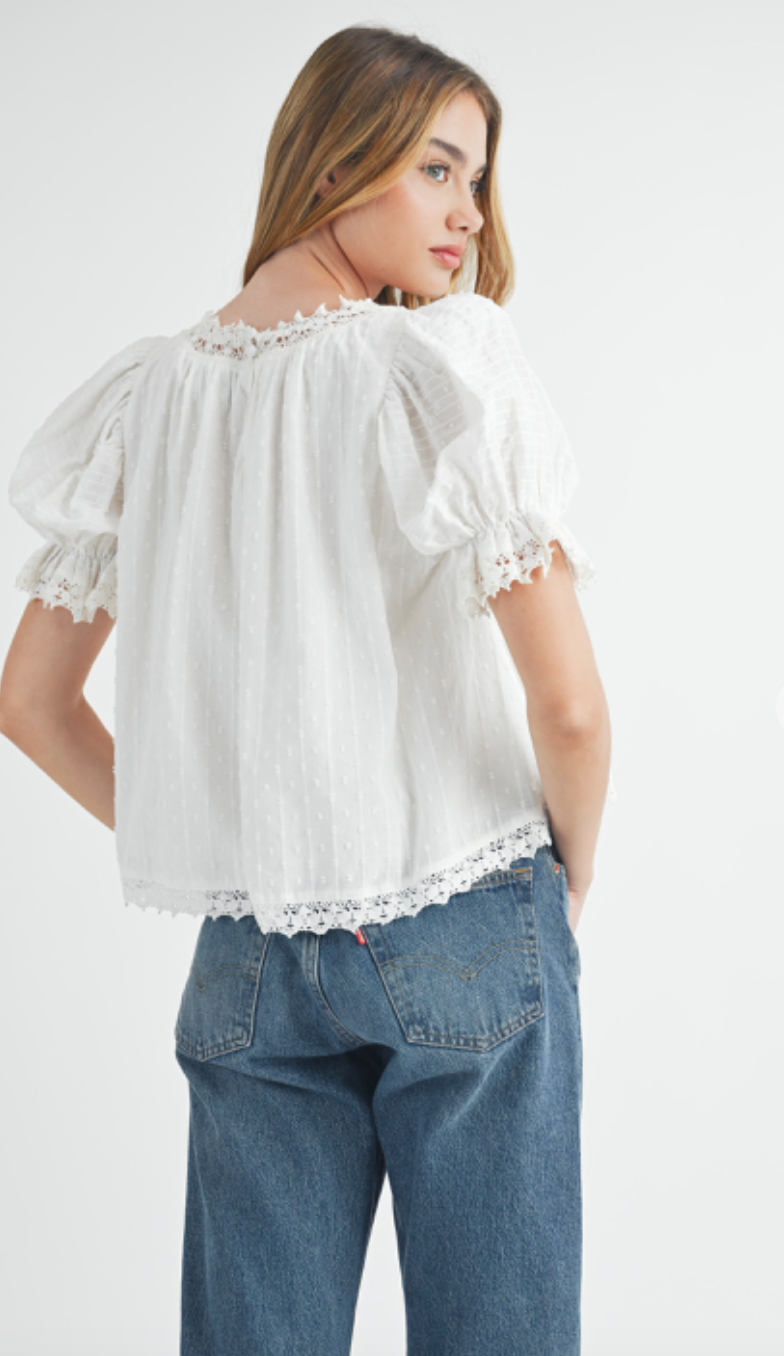 Puff Sleeve Lace Trim Top