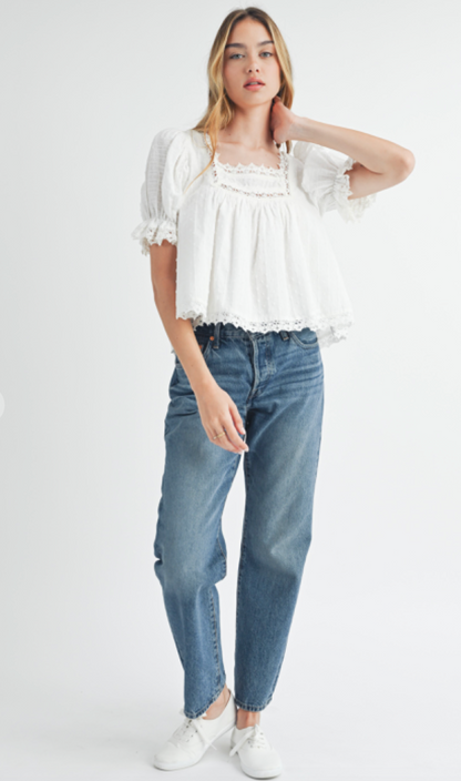 Puff Sleeve Lace Trim Top