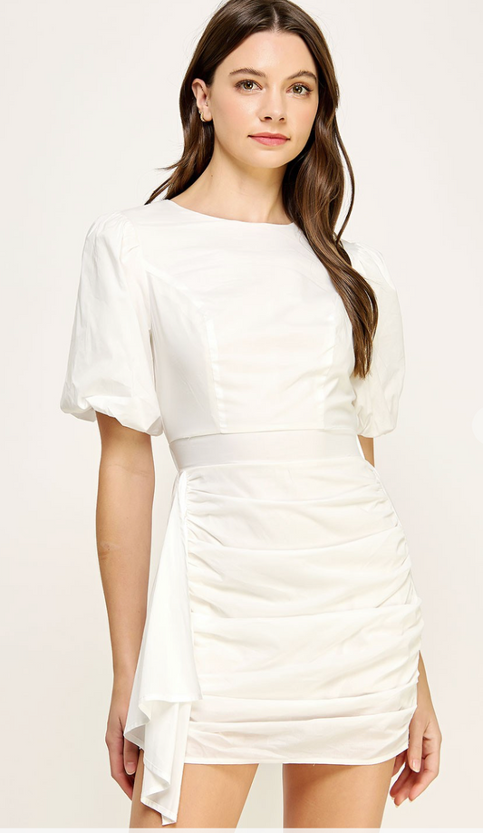 Puff Sleeve Ruched Dress White