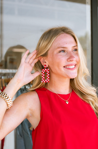 Red Checkered Beaded Earrings