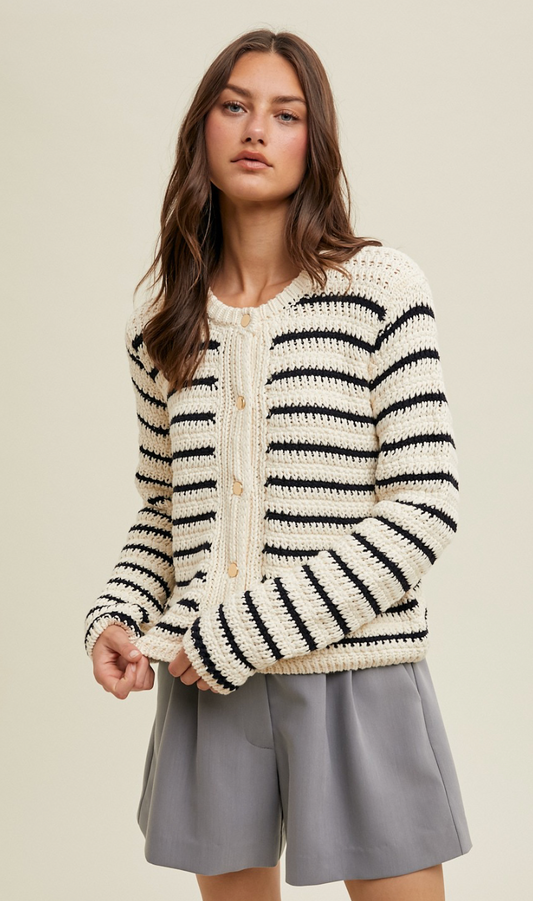 Striped Sweater Cardigan Cream/Navy