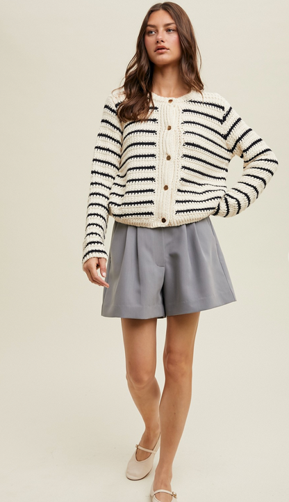 Striped Sweater Cardigan Cream/Navy