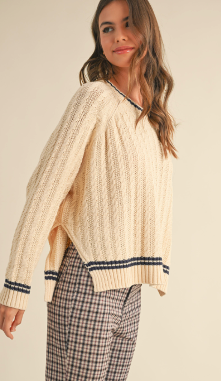 Contrast Stripe Cable Knit Sweater