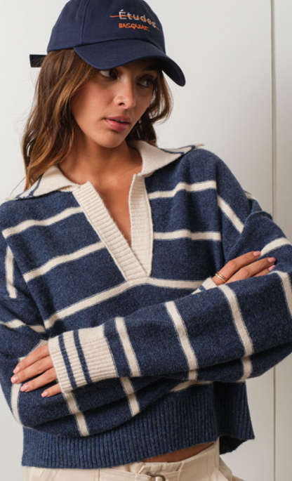 Navy Stripe V-neck Sweater