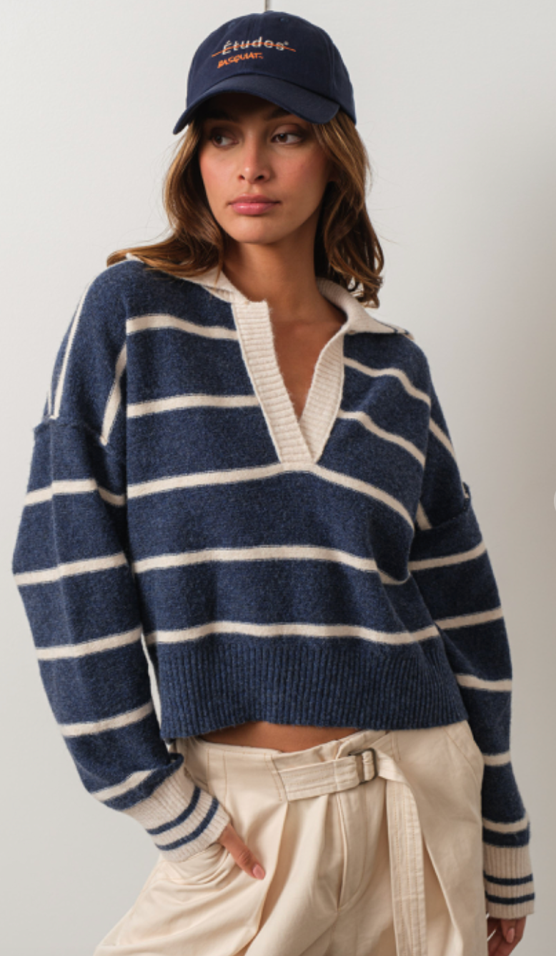 Navy Stripe V-neck Sweater