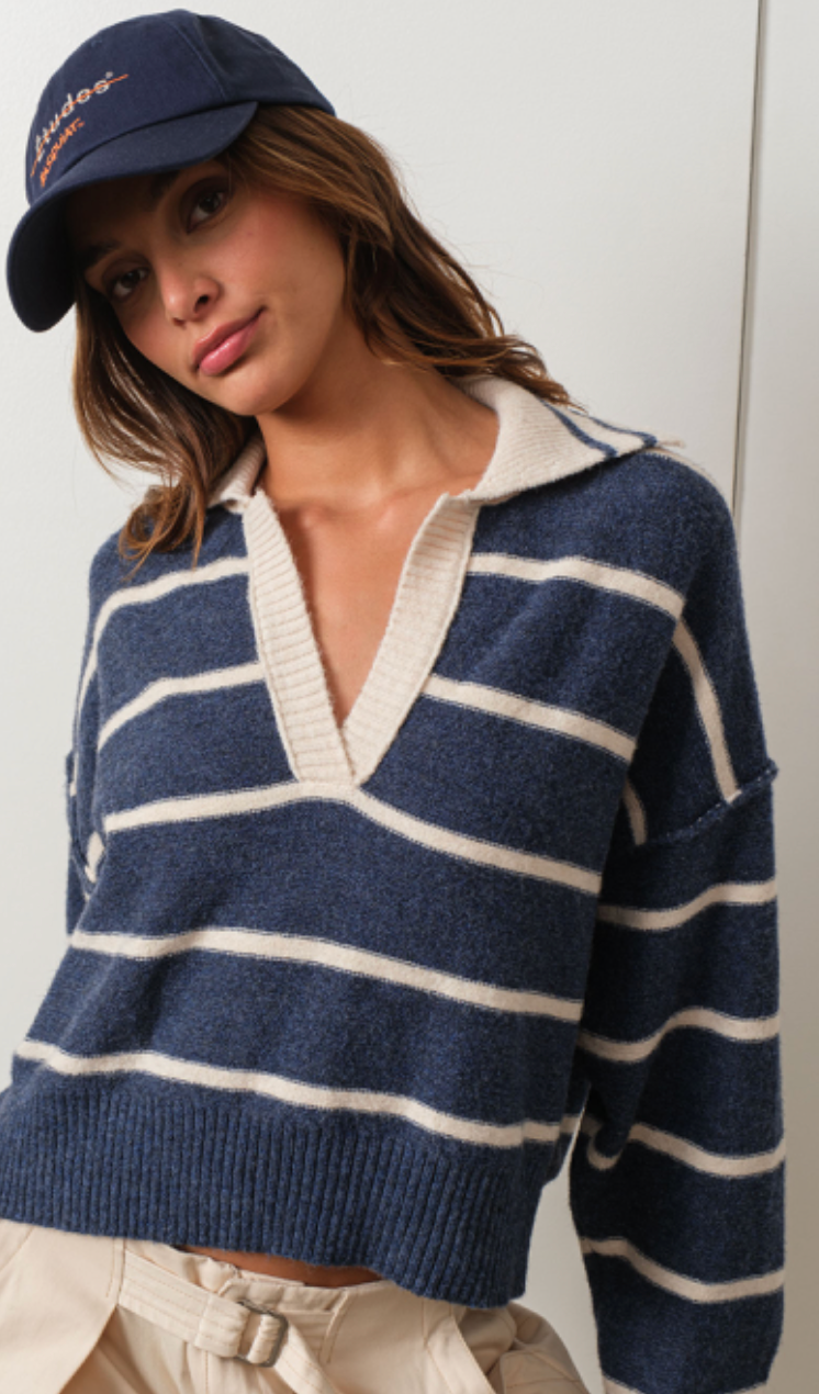 Navy Stripe V-neck Sweater