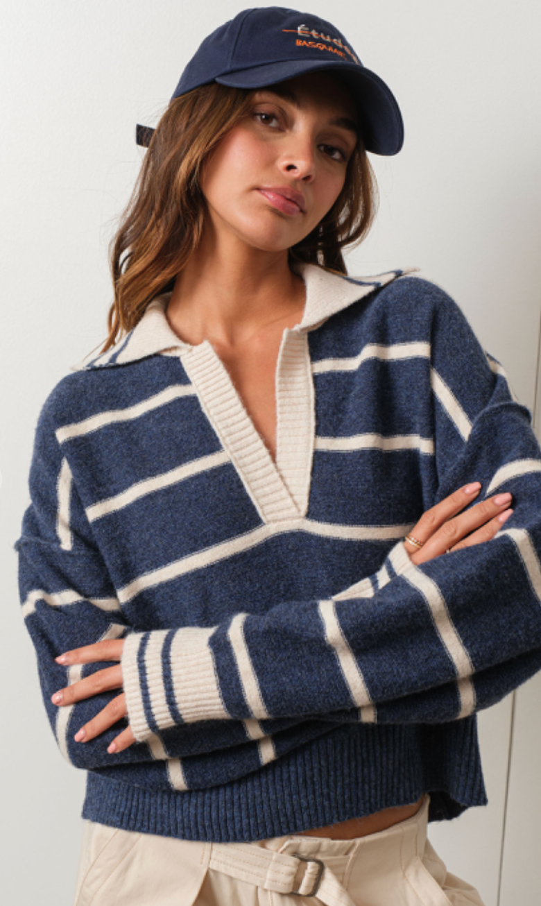 Navy Stripe V-neck Sweater