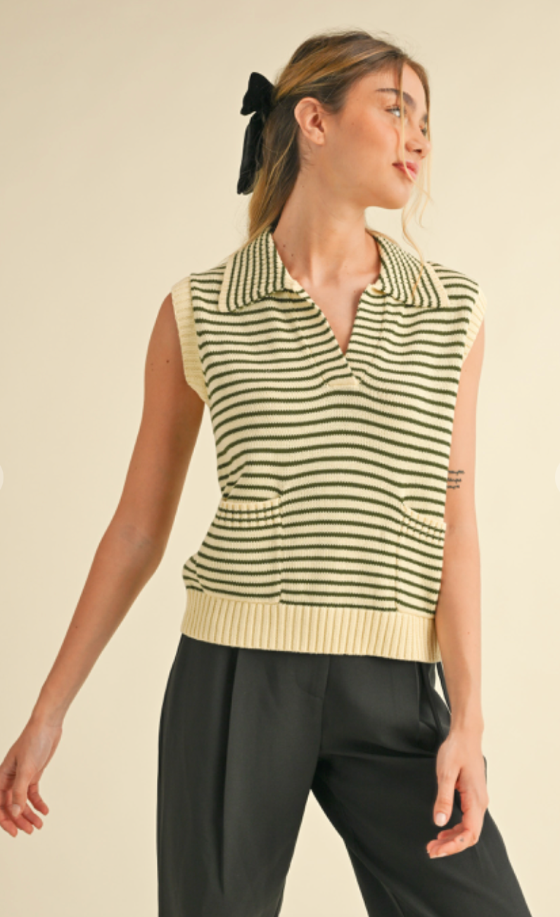 Green Stripe Knit Sweater Vest