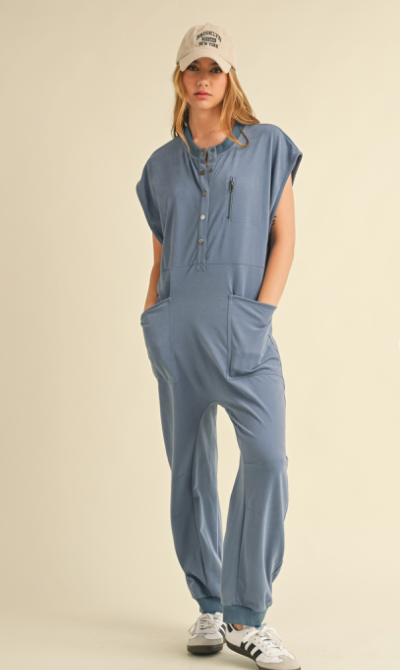 French Terry Henley Jumpsuit Blue