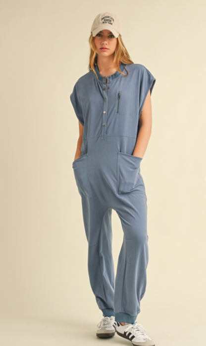 French Terry Henley Jumpsuit Blue