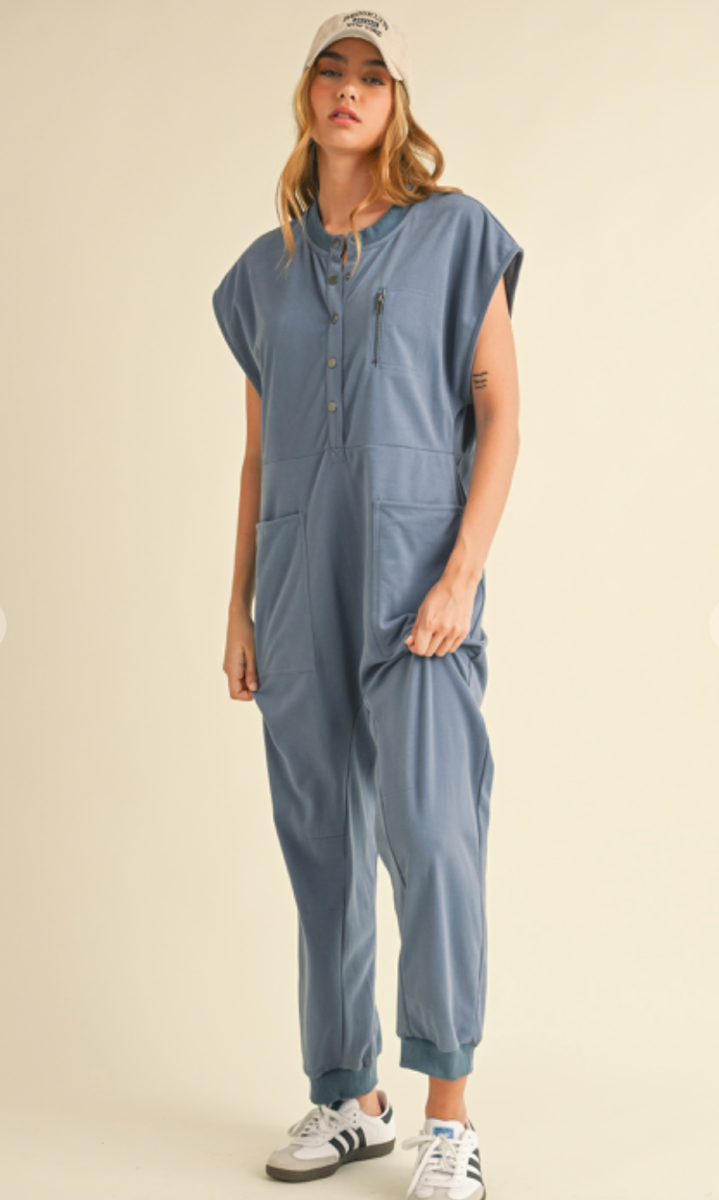 French Terry Henley Jumpsuit Blue