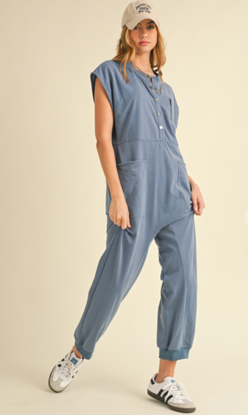 French Terry Henley Jumpsuit Blue