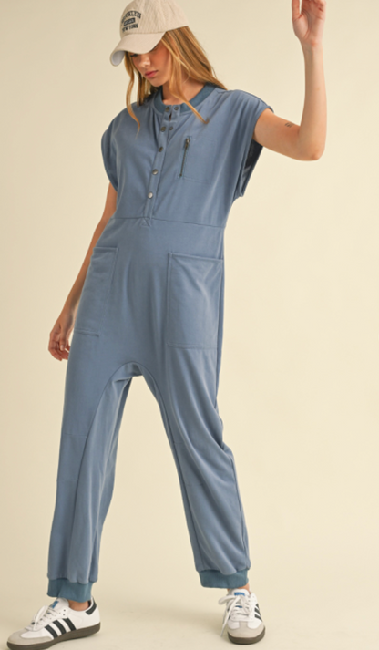 French Terry Henley Jumpsuit Blue