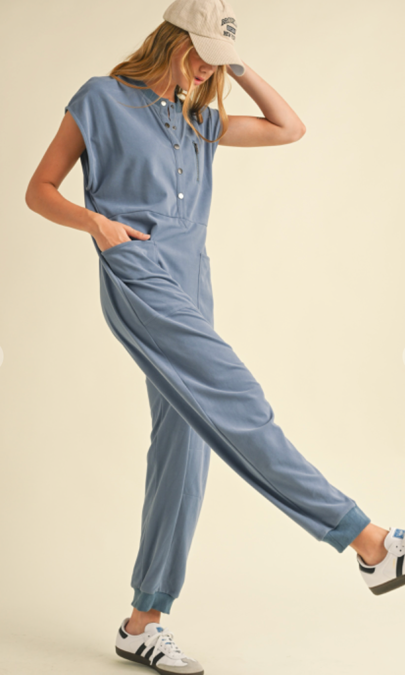 French Terry Henley Jumpsuit Blue