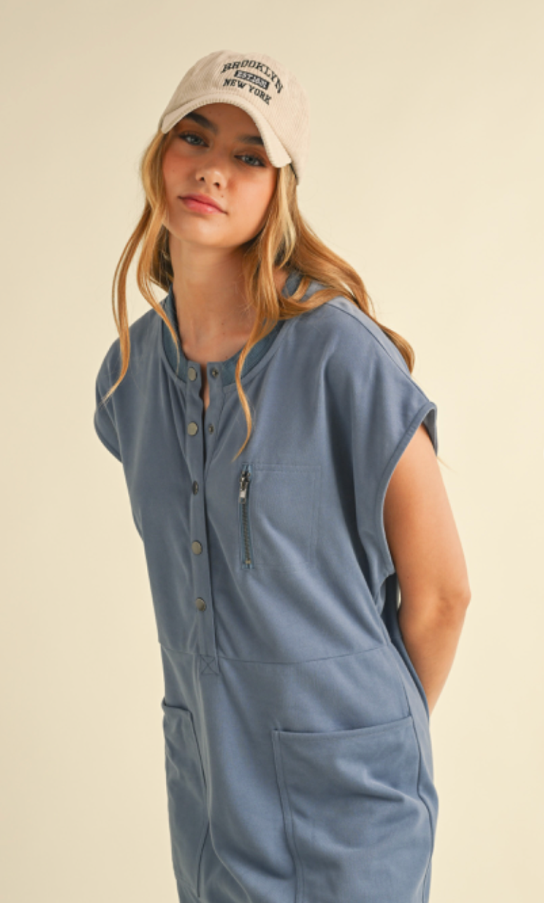 French Terry Henley Jumpsuit Blue