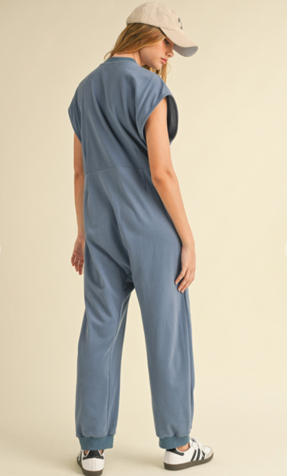 French Terry Henley Jumpsuit Blue