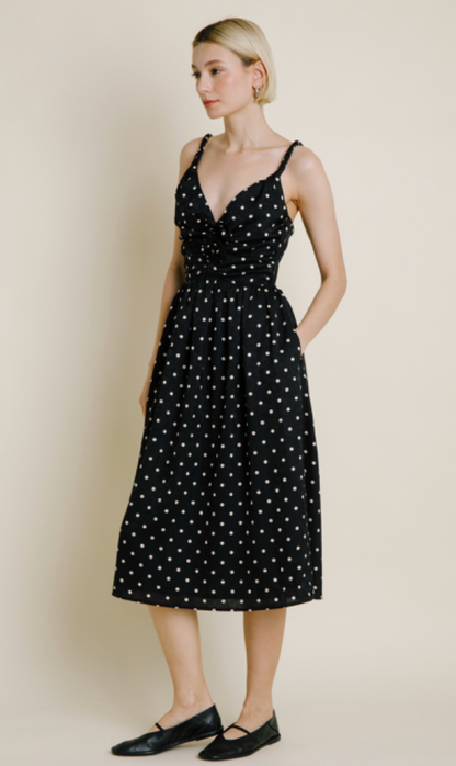 Ruched Polka Dot Midi Dress