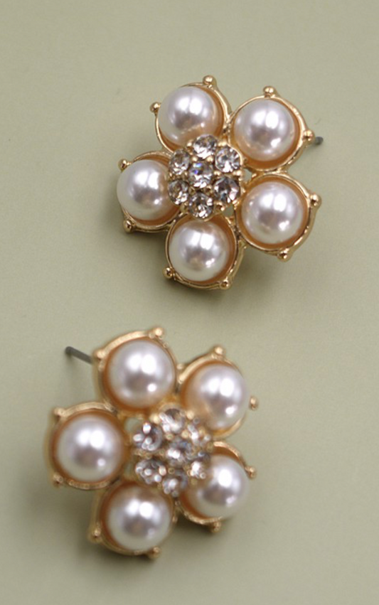 Pearl Rhinestone Flower Studs