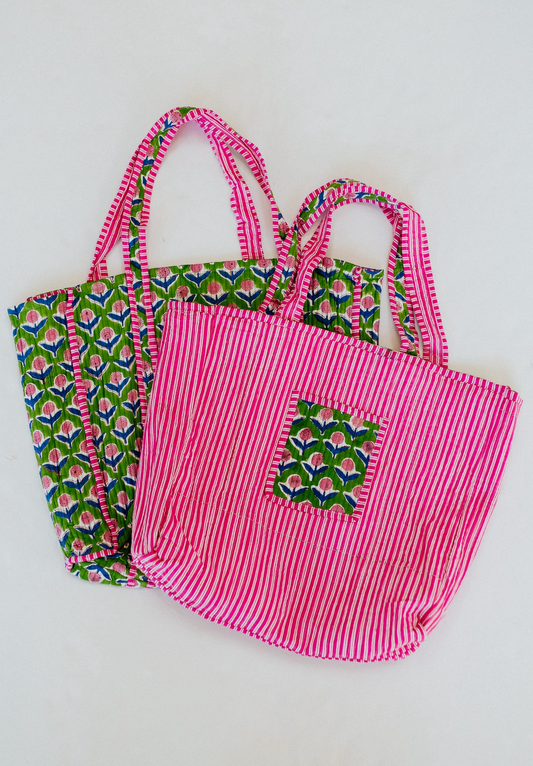 Quilted Tote Bag Pink Floral w/ Green Back