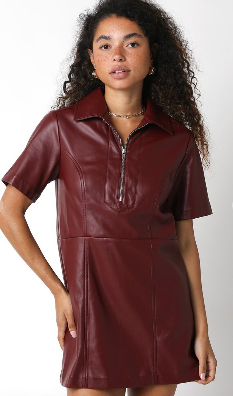 Pleather Zip Up Dress Wine