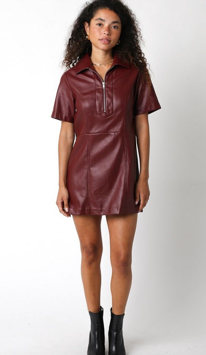 Pleather Zip Up Dress Wine