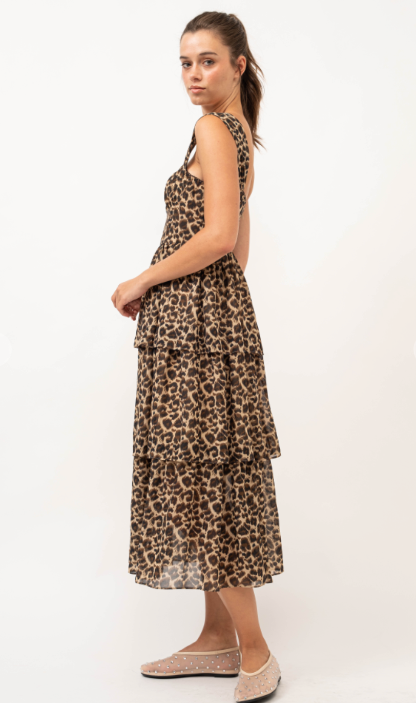 Leopard Ruffle Layered Midi Dress