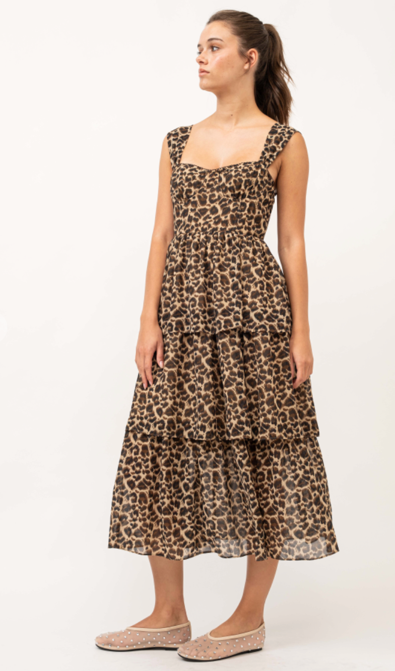 Leopard Ruffle Layered Midi Dress