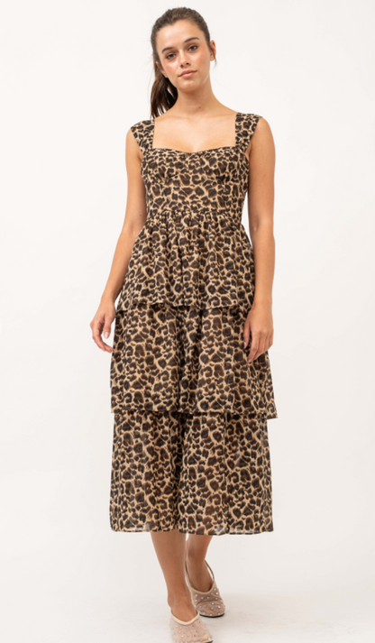 Leopard Ruffle Layered Midi Dress